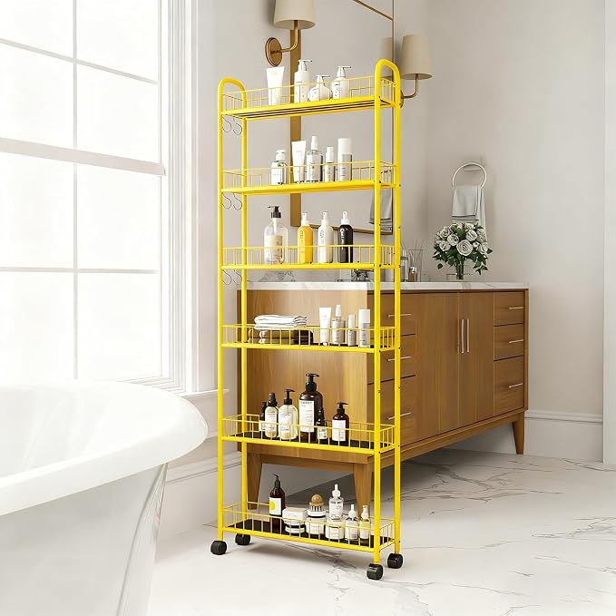 6-Tier Slim Storage Cart with Wheels, Metal 6in Narrow Rolling Shelf, Sturdy Slim Storage with Hooks Ideal for Kitchen, Bathroom, and Laundry Room, Yellow - Image 3