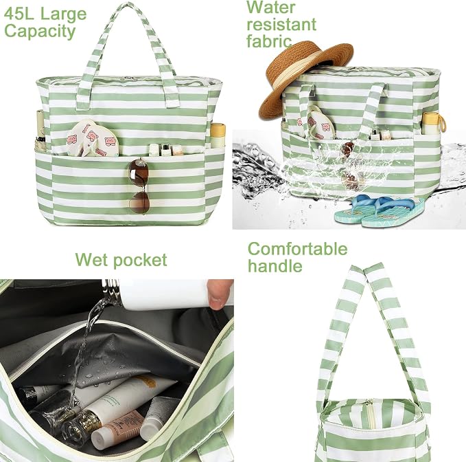 LEDAOU Beach Bag Waterproof Sandproof Women Beach Tote Pool Bag with Zipper for Swim Gym Grocery Travel with Wet Pocket | Sandproof - Image 8