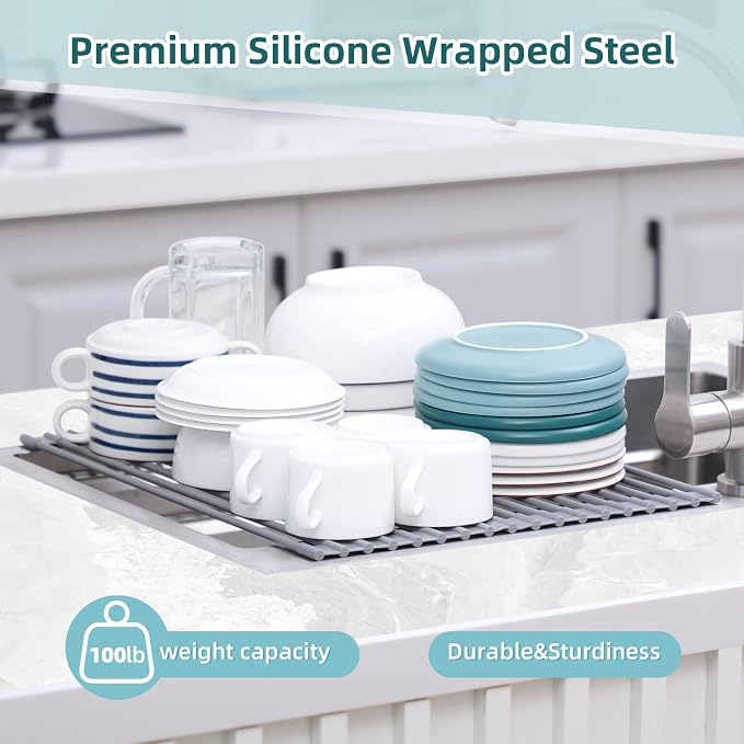 Ohuhu Roll Up Dish Drying Rack, Over The Sink Multipurpose Roll-Up Dish Racks, 16.5" W x 13" L Rolling Heat-Resistant Anti-Slip Silicone Coated Dish Drainer Portable Foldable for Kitchen Counter - Image 9