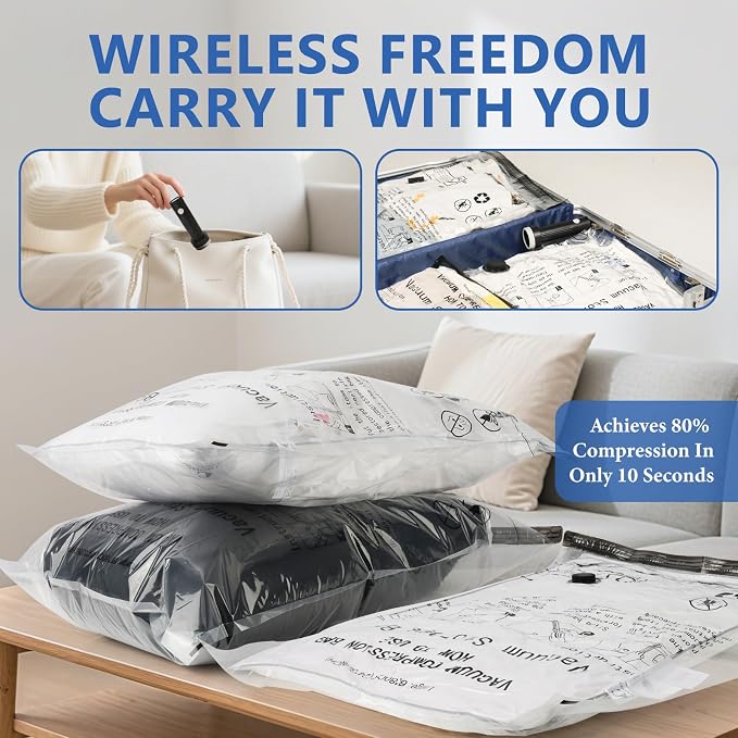12 Pack Travel Vacuum Bags for Clothing with Rechargeable Wireless air Pump | Compression Packing Bags for Luggage Suitcase,Carry-on Size Space Saver Vacuum Storage Bags - Image 5