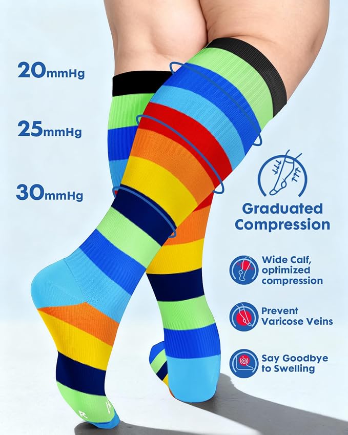 3-Pair Wide Calf Compression Socks for Women | 20-30mmHg Graduated Support, Easy On & Off, Knee High Length, Ankle Support, Travel Nurse Daily Wear, Cute Patterned - Image 5