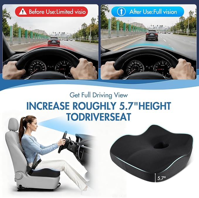 Car Seat Cushion, Ergonomic Memory Foam Car Seat Pad for Sciatica Pain Relief, Larger Driving Seat Cushion for Car Short Drivers on Long Drives - Butt Cushion for Car,Truck, Office - Black - Image 4
