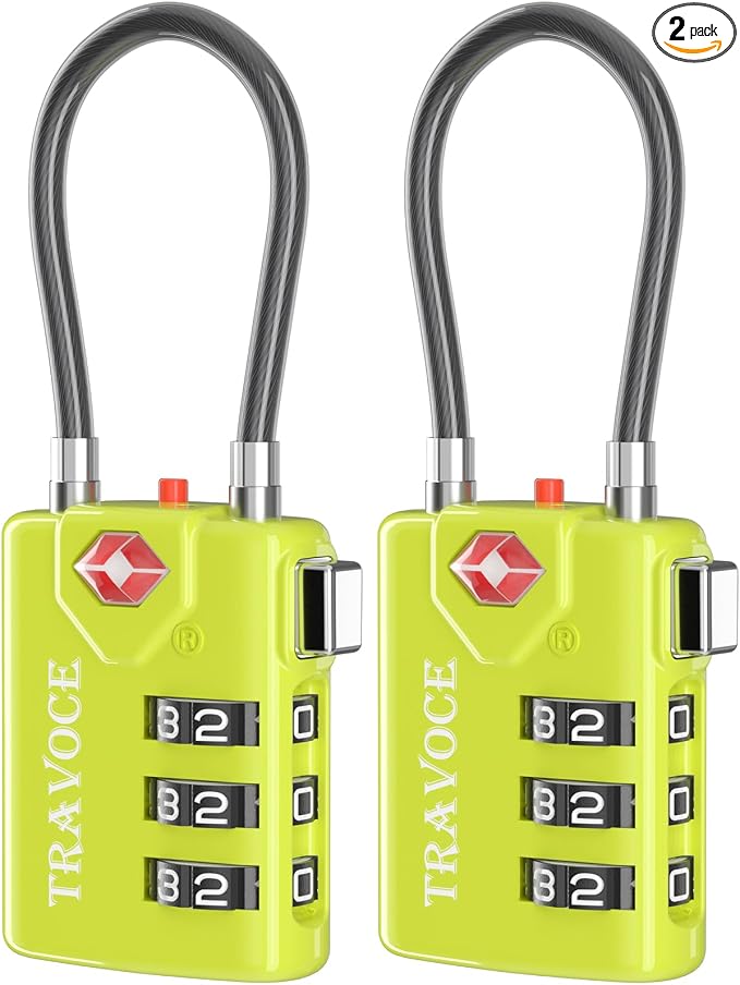 TSA Approved Luggage Locks, Combination Cable Locks, 2 Pack, Lime | Search Alert shows TSA key access; resettable 3-digit code and flexible braided steel cable for suitcases and backpacks. by TRAVOCE