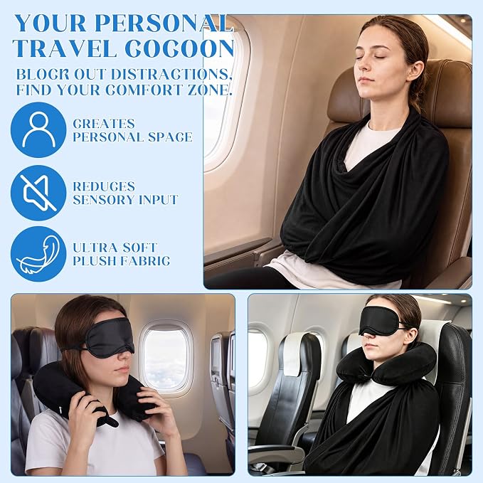 3 Pcs Airplane Sleep Support Set Includes Arm Travel Sling Wrap Blanket, Memory Foam Neck Pillow and Light-Blocking Eye Mask, Flight Sleeping Essentials Comfort for Long-Distance Travel - Image 2
