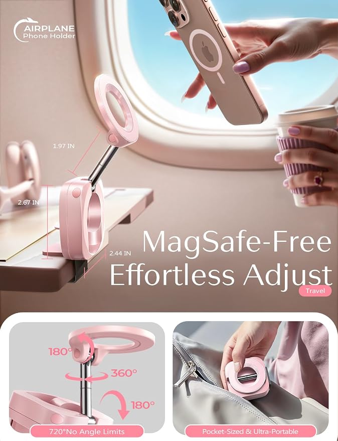 LISEN Airplane Travel Essentials for Flying Airplane Phone Holder for Desk | Pink Office Desk Accessories And Decor Room Decor For Women Airplane Gadgets For Long Flights Magsafe Phone Accessories - Image 2