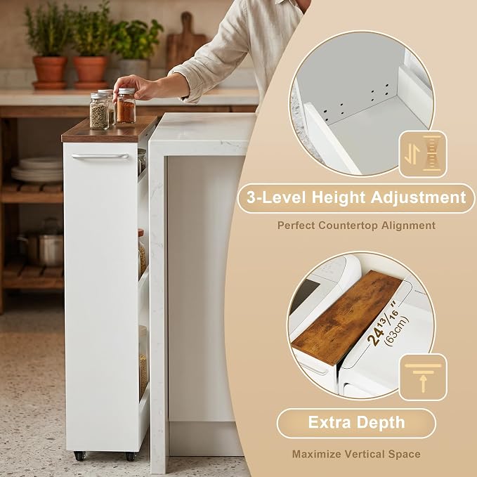 TEAMIX Wood 4-Tier Slim Rolling Storage Cart, 7.9"W, 24.8"D, 36.7"H, White | Height Adjustable, 360°Swivel Wheels, Deeper & Taller, Use as Narrow Kitchen Cart, Laundry Organizer Between Washer & Dryer - Image 4