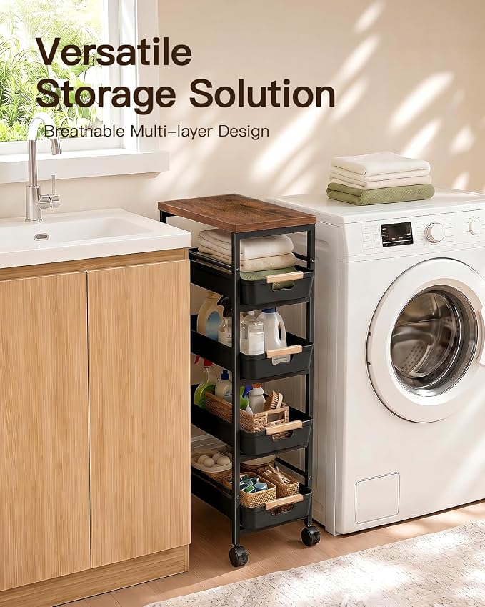 Pipishell Slim Storage Cart, Wooden Top Narrow Kitchen Storage Cart, Black | 5 Tier Skinny Rolling Cart with Pull-Out Baskets, Vented Design & Lockable Wheels for Kitchen, Bathroom, Laundry Room - Image 4
