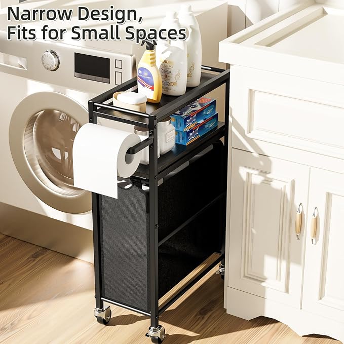 Toilet Paper Holder with Storage Bag & Wheels - Freestanding Bathroom Organizer Holds 9 Rolls for Small Spaces, Essentials Storage Beside Toilet-Black - Image 4