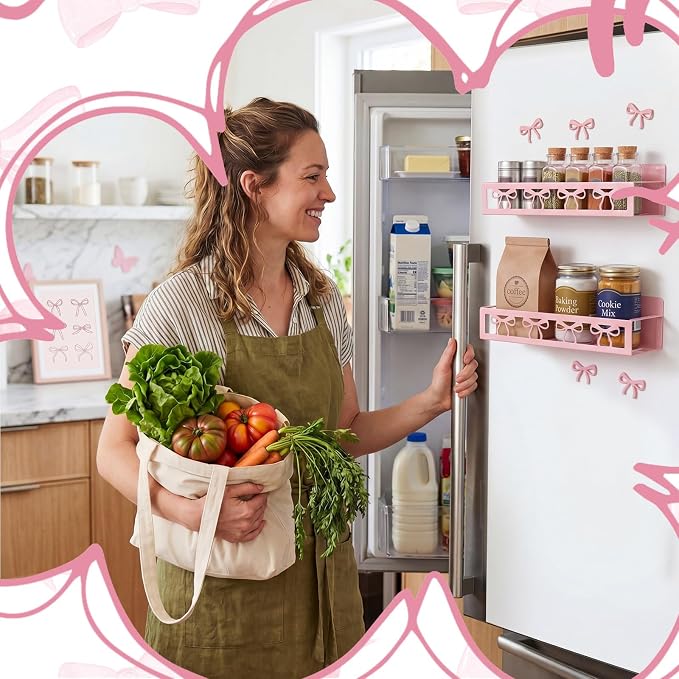 Beeveer 2 Pcs Magnetic Spice Rack for Refrigerator, Pink Bow | Magnetic, No Drilling, Pink Bow Kitchen Decor, Pink Home Accessories, 2 Sizes Metal Storage Shelf for Fridge Spices - Image 4