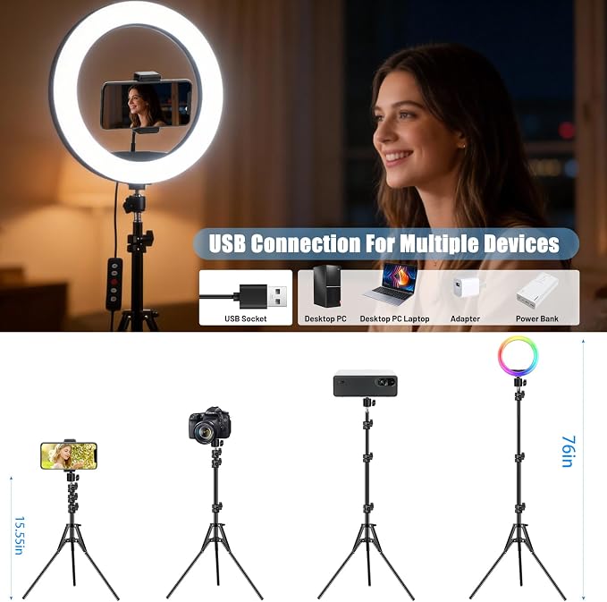  13" Selfie Ring Light with Stand and Phone Holder, 76" Tripod | 96 Lighting Mode, Remote for iPhone &Android LED Halo Light for Photo/iPad Video Recording Vlogging Circle Ringlight Kit - Image 9