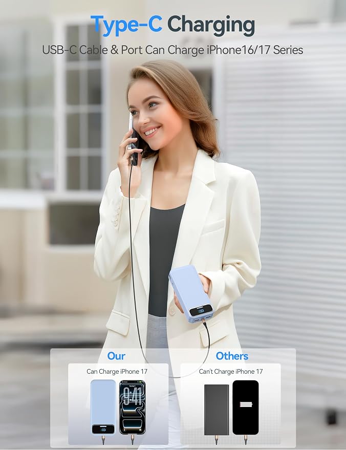 aonidi Portable Charger 20000mAh with Built-in Cables&AC Wall Plug, Blue | PD20W Fast Charging,Travel Essential,TSA Approved,LED Display,All in One USB C Power Bank for All Cell Phones Devices - Image 6