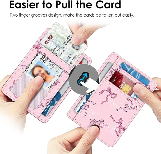 FINTIE Slim Front Pocket Wallet, RFID Blocking Credit Card Holder | Minimalist Card Cases with ID Window for Men Women, pink bow - Image 3