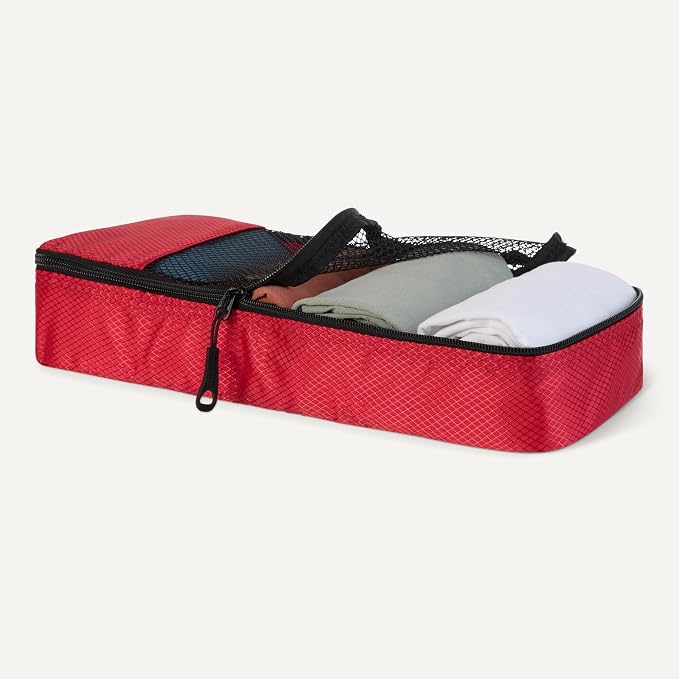 Amazon Essentials 4-Piece Space-Saving Packing Cubes Travel Accessories Set, Luggage Organizer with Double Zipper, Mesh Top, Polyester, Slim, Red (Previously Amazon Basics) - Image 3