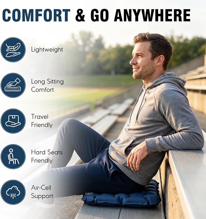 Inflatable Seat Cushion Portable Stadium Seat Lightweight Air Pad | Travel Cushion Airplane Seat for Long Flights Camping Hiking Bleacher Soccer Games Outdoor Events Office Chairs (Navy Blue) - Image 3