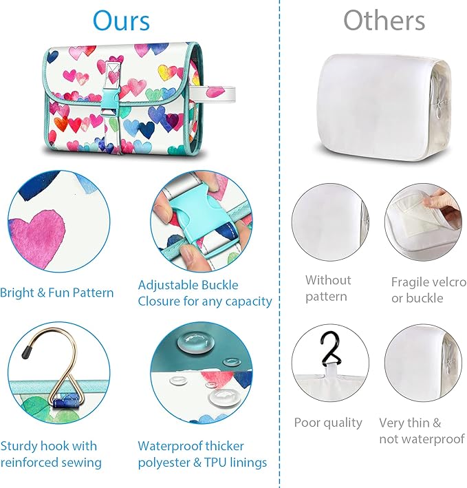 FINTIE Portable Toiletry Cosmetic Travel Bag Hanging Makeup Organizer | Large Water Resistant Storage Pouch Case, For Women Girls, Raining Hearts - Image 4