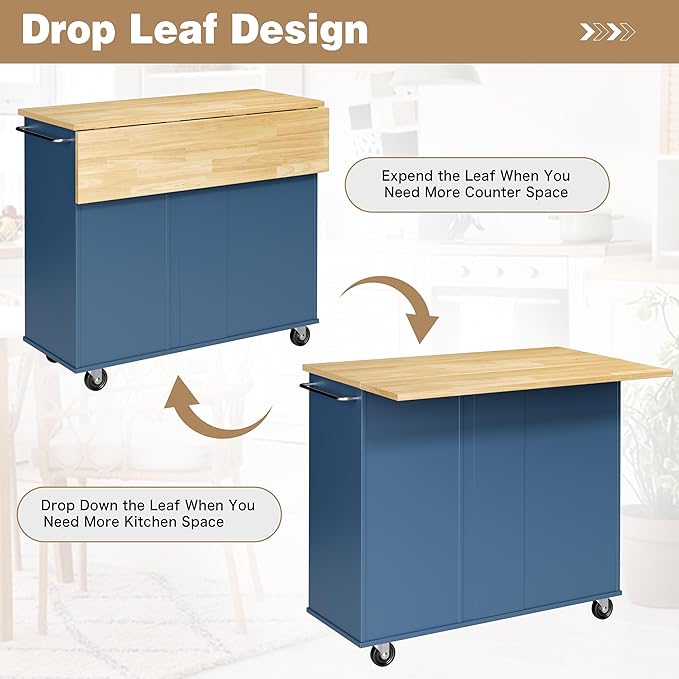 Shintenchi Kitchen Island with Folding Drop Leaf, Rolling Island Table with Storage, Kitchen Cabinet on Wheels with Seating Area for Kitchen, Bar Cart with Cabinet, Blue - Image 4