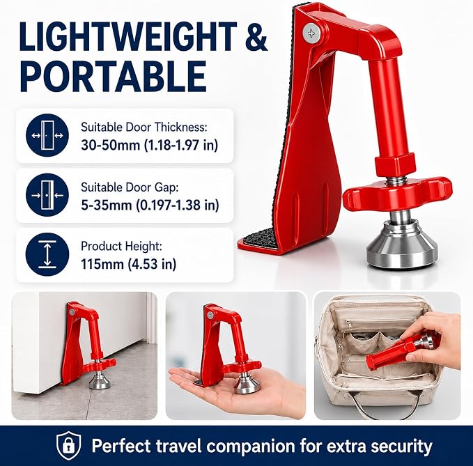 Portable Door Stopper Door Lock for Travel Anti Theft Door Blocker, Security Door Stoppers for Bottom of Door, No Drill Safety Doors Stopper Hotel Door Locks for Travelers Security (Red) - Image 4