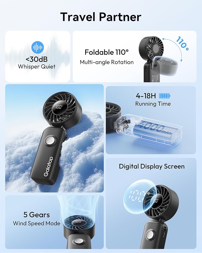 Gaiatop Portable Handheld Fan, Quiet 3 IN 1 Neck/Desk/Hand Fan | Max 18 Working Hours, 5 Speed Rechargeable Battery, Cooling for Travel, Beach, Women/Men Outdoor Activities Gifts Black - Image 2