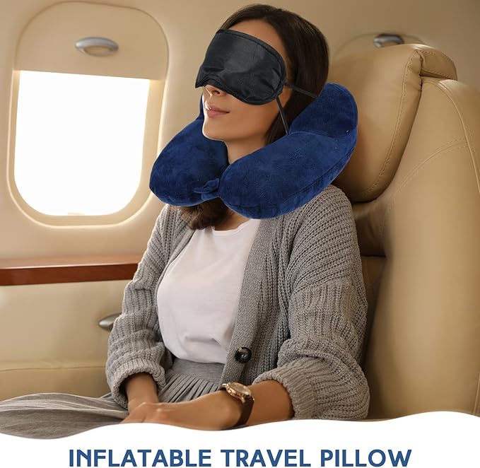 Sintuff 2 Pack Inflatable Travel Pillow for Airplanes Inflatable Neck Flight Pillows with Compact Bag and Blindfold for Traveling, Airplane, Train, Car, Office (Light Gray and Dark Blue) - Image 4