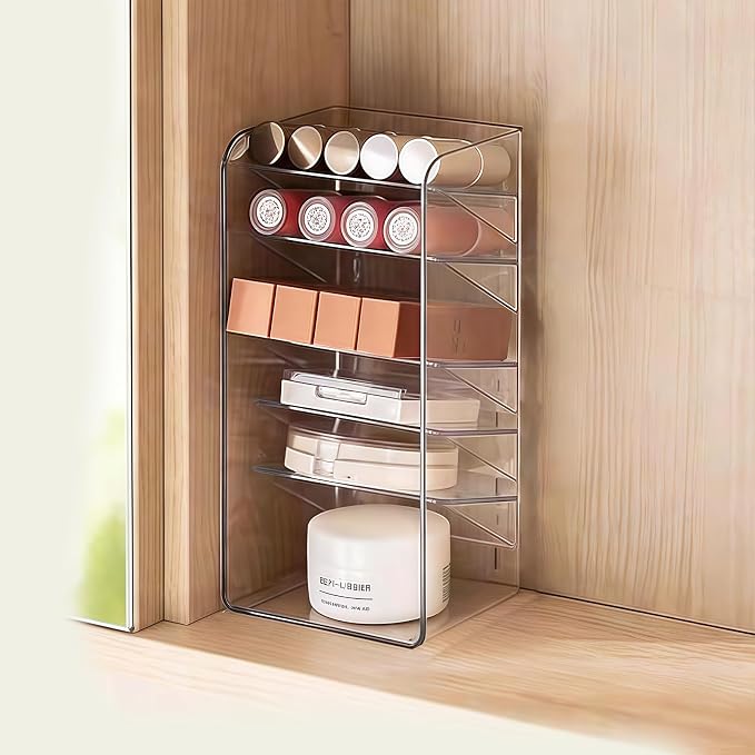 PAVSTINE Medicine Cabinet Organizer with Adjustable Dividers, Clear Vertical Layered Backward Slanting Shelves for Pressed Powder/Lip Gloss/Mascara Storage (5-Tier Gentle Slant) by PAVSTINE