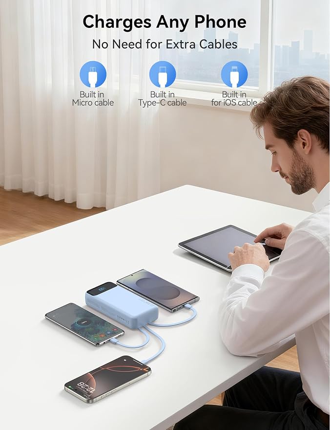 Nusyddy Portable Charger 20000mAh 22.5W w/4 Built-in Cables/6 Outputs Blue | 22.5W Fast Charging, LED Display, Pass Through Charging, Charge 6 Devices at once, TSA Approved, Fits iPhone, iPad, Samsung - Image 7