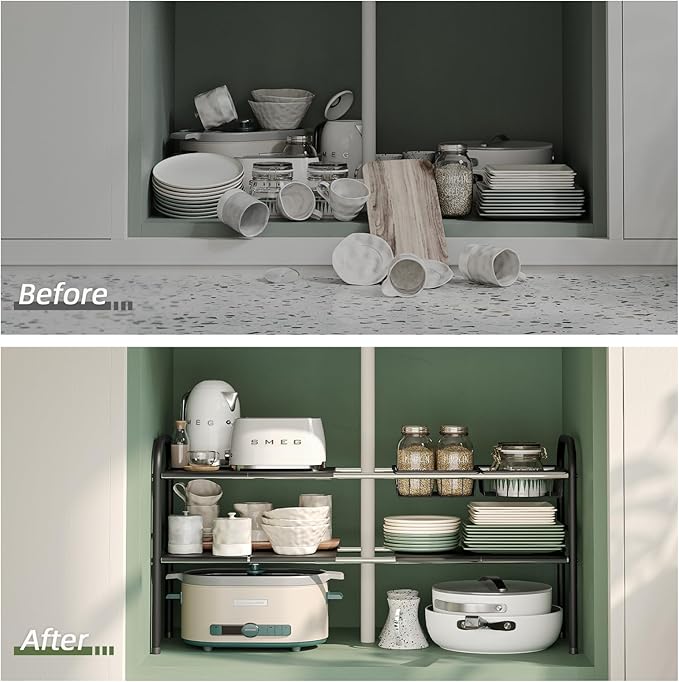 Under Sink Organizers and Storage,Expandable under cabinet organizer Shelf | 2 tier expandable shelf for kitchen,bathroom,6 Removable ABS Panels and 2 Baskets,Adjustable partition height,20.7-32.3" W - Image 5