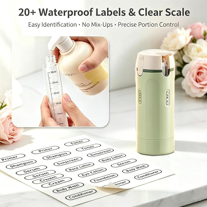 4 in 1 Travel Dispenser Bottle, One-Press No Squeeze Toiletries Set | TSA Approved 4x30ML Leakproof Travel Containers, Refillable Shampoo Lotion Bottles with Labels & Scale, Cream 1White - Image 5