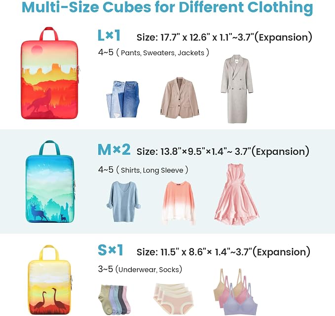 Cambond Compression Packing Cubes for Travel - 4 Set National Park Pattern | 4 Set Keep Clothes Sorted, Easy to Find with Color-Coded Sizes, Compression Zip Design, Lightweight, Luggage Space Tidy - Image 3