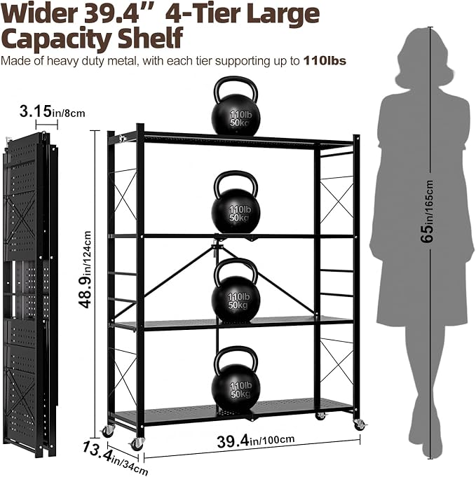 39.4" Wide 4-Tier Foldable Storage Shelves with Wheels & 20 Hooks | Heavy Duty Metal Folding Shelf Unit, No Assembly, Adjustable 3rd Shelf for Kitchen, Garage, Pantry, Bookshelf, Black - Image 2