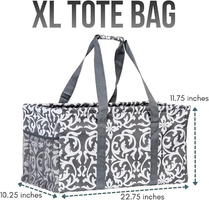 Extra Large Utility Tote Bag - Oversized Collapsible Reusable Wire Frame Rectangular Canvas Basket With Two Exterior Pockets For Beach, Pool, Laundry, Car Trunk, Storage - Damask Gray - Image 3