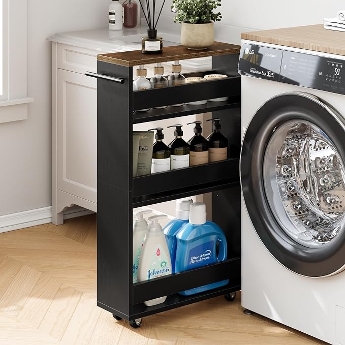 Yoobure 4-Tier Slim Storage Cart - Narrow Rolling Cart on Wheels, Slide Out Utility Carts with Adjustable Shelves, Organizer Trolley with Handle & Flip Top for Kitchen, Bathroom, Laundry - Image 7