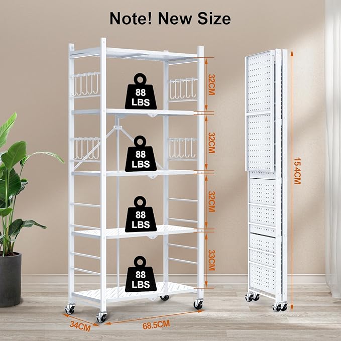 Himix 5-Tier Foldable Storage Shelves 20 Hooks Wheels White No Assembly | Folding shelving units, Metal collapsible organization, Wire rack, Unit rolling cart, Bookshelf, Kitchen, Home, Holds 440 Ibs - Image 3
