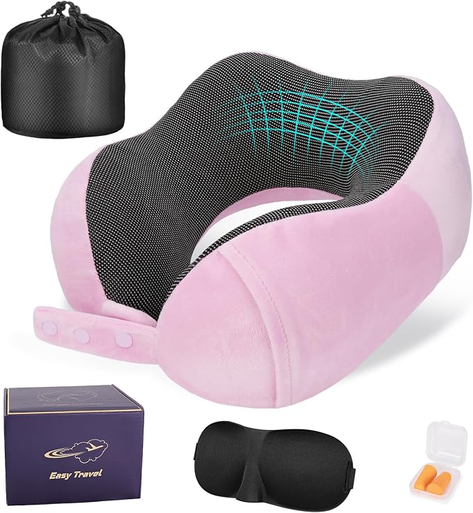 Cirorld Neck Pillow for Traveling, Travel Pillows for Airplanes,100% Pure Memory Foam Travel Neck Pillow, Adjustable Flight Pillow, Portable Plane Accessories with Eye Mask, Earplugs, Carry Bag by CIRORLD