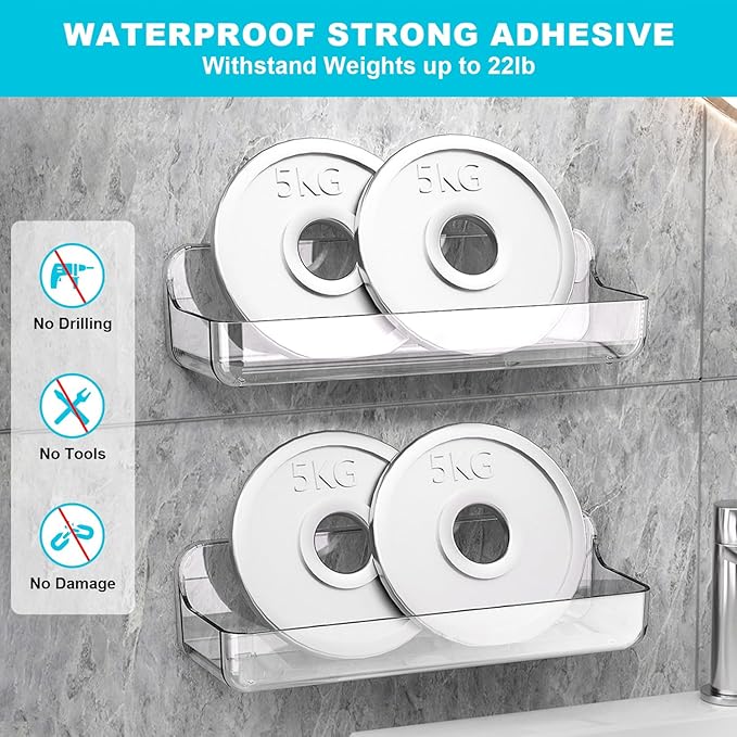 CGBE 2-Pack Adhesive Shower Shelves, Acrylic Bathroom Wall Caddy, Clear | Acrylic Shower Caddy, Wall Mounted Storage, No Drilling, Automatic Draining, For Cabinet Door and Shower Wall - Image 3