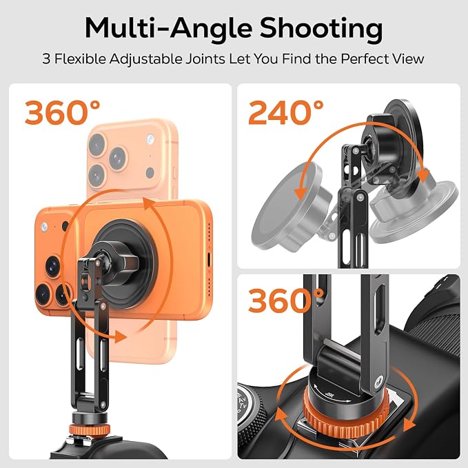 MoKo MagSafe Tripod Mount, Camera Phone Mount, 360° Adjustable | Magnetic phone tripod mount with 1/4" screw & cold shoe, compatible with MagSafe iPhones, for camera monitoring & stabilizers - Image 5