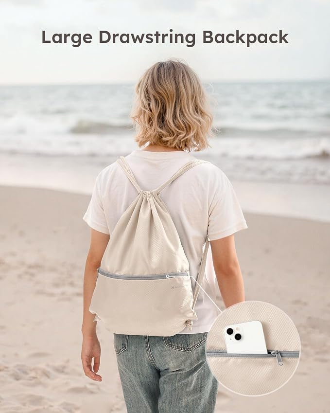 6 Set Compression Packing Cubes for Travel, Bonus Versatile Drawstring Backpack, Lightweight Luggage Organizer Bags, Sturdy Travel Accessories for Suitcase, Beige - Image 2