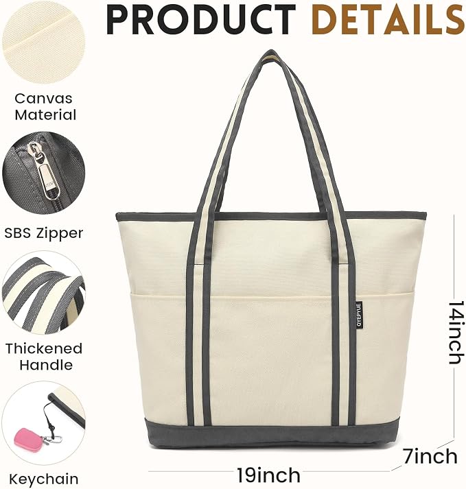 Large Canvas Tote Bag for Women, Beach Bag with Zipper, Utility Tote Bag with 3 Front Pockets, Weekender Pool Bag - Image 6