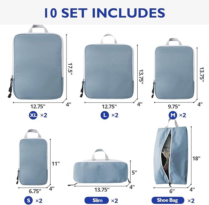 Compression Packing Cubes, 10 Set Packing Cubes for Travel Compression, Lightweight Compressible Package Organizer for Carry On and Suitcases, LakeBlue and Grey - Image 3