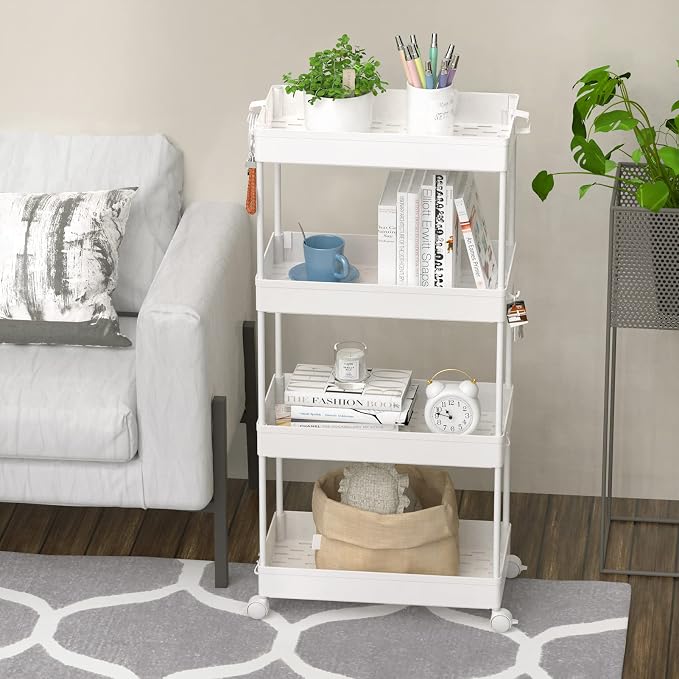 4 Tier Rolling Cart with Wheels, Storage Craft Art Trolley Organizer Serving, 3 Hanging Baskets Easy Assembly, for Office, Living Room, Kitchen - Image 7