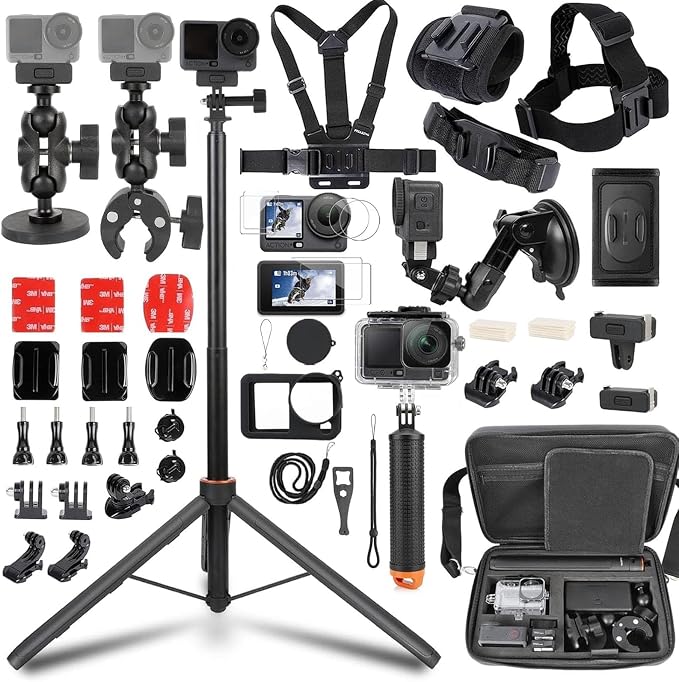 PellKing Accessories Kit for DJI Osmo Action 6,Carrying Case with Belt 135cm Selfie Stick Tripod Waterproof Housing Suction Cup Magnetic Handlebar Mount Qucik Release Clip 4 in 1 Body Mount by PellKing