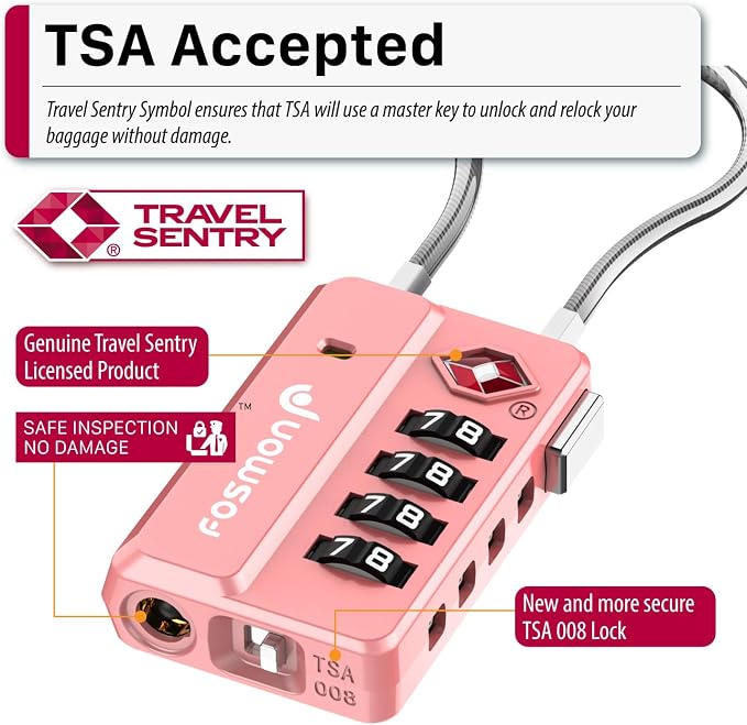Fosmon TSA Approved Cable Luggage Locks, 4 Digit Combination, 4 Pack | Easy Reset Switch, Long Wire Padlock, Mini Cable Locks, Suitcase Backpack Travel, Gym Locker Gun Case Lock - Image 2