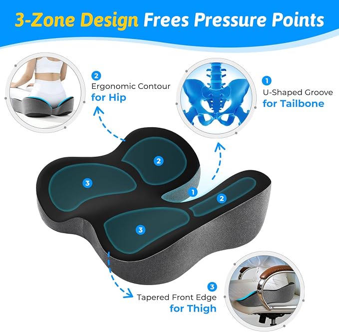 Seat Cushion for Tailbone & Sciatica Pain Relief | Certified & Ergonomist-Designed,Tapered Front Edge Reduces Thigh Pressure,Wide Memory Foam for Office Chair, Car, Wheelchair - Image 4