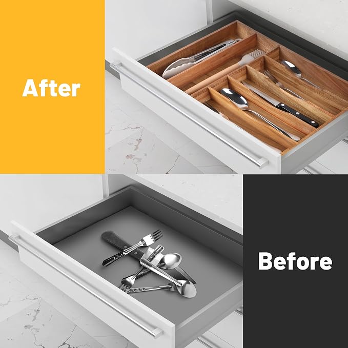 Kitchen Acacia Silverware Organizer - Extra Deep Grooved Drawer Divider, 7 Slot Utensil Organizer - Image 4