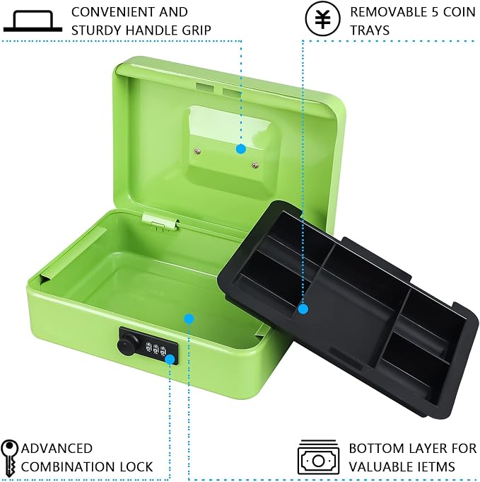 KYODOLED Large Cash Box with Combination Lock,Safe Metal Box for Money, Storage Lock Box with Money Tray,9.84"x 7"x 3.54" Limegreen Large - Image 2