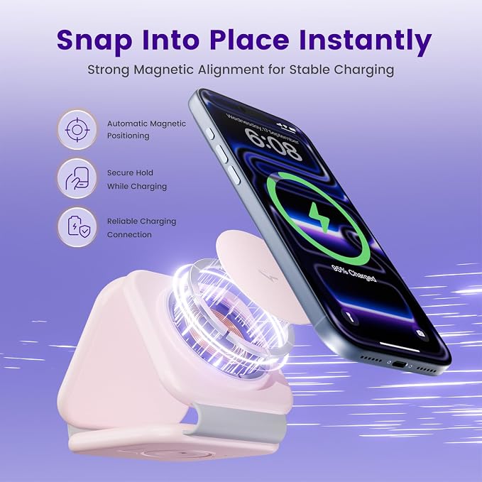 15W Magnetic Travel Charging Station, 3-in-1 Foldable MagSafe Charger | Wireless Charger for Apple Multiple Devices - iPhone Air 17 16 15 14 13 14 Pro Max, Watch & AirPods - Blush Pink - Image 3