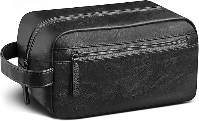 Travel Toiletry Bag for Men and Women, Travel Shaving Dopp Kit Water-resistant Bathroom Toiletries Organizer PU Leather Cosmetic Bags (Black) by Ezday
