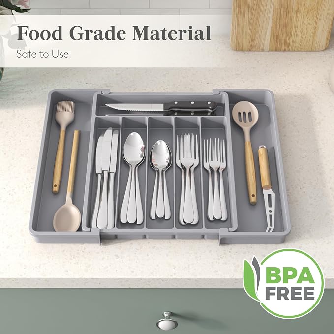 Lifewit Expandable Silverware Drawer Organizer, Kitchen Utensil Tray | BPA-free Plastic Flatware Cutlery Holder, Space-Saving Storage for Spoons Forks Knives, 11-18 x 14 x 1.5“, Gray - Image 7