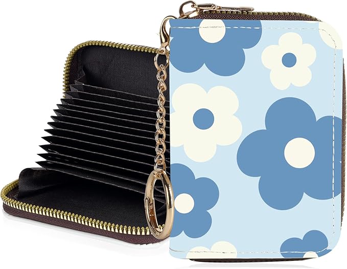 Credit Card Holder for Women,Small Rfid Wallet with Keychain Zipper,Cute PU Leather Card Case Wallet，Accordion Credit Card Wallets Gift,Blue and White Flowers by Unknown