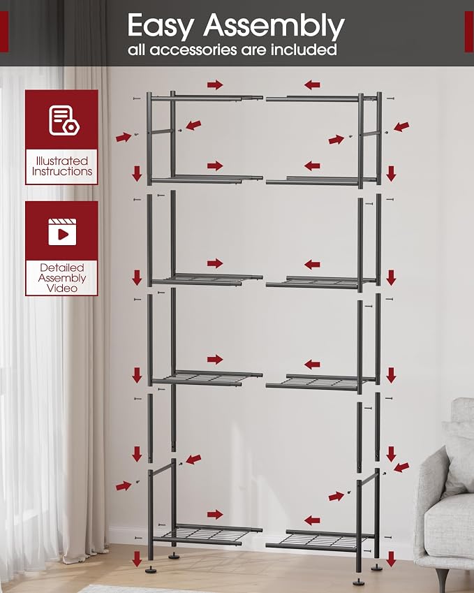 Sakugi Storage Shelves - 5 Tier Shelf Organizer, Sturdy Metal Garage Shelving with Adjustable Leveling Feet, Space-Saving Shelves Organizer for Pantry, Laundry, Kitchen (32" x 12" x 71", Black) - Image 3