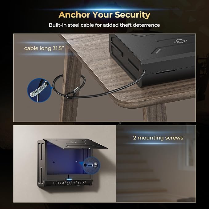 ONNAIS Iron PRO Biometric Fingerprint Gun Safe for Handgun with Keypad Lock | Emergency Power Supply and Interior Light Swift Entry Pistol Case for Home, Nightstand, Bedside, and Car, Gift - Image 3